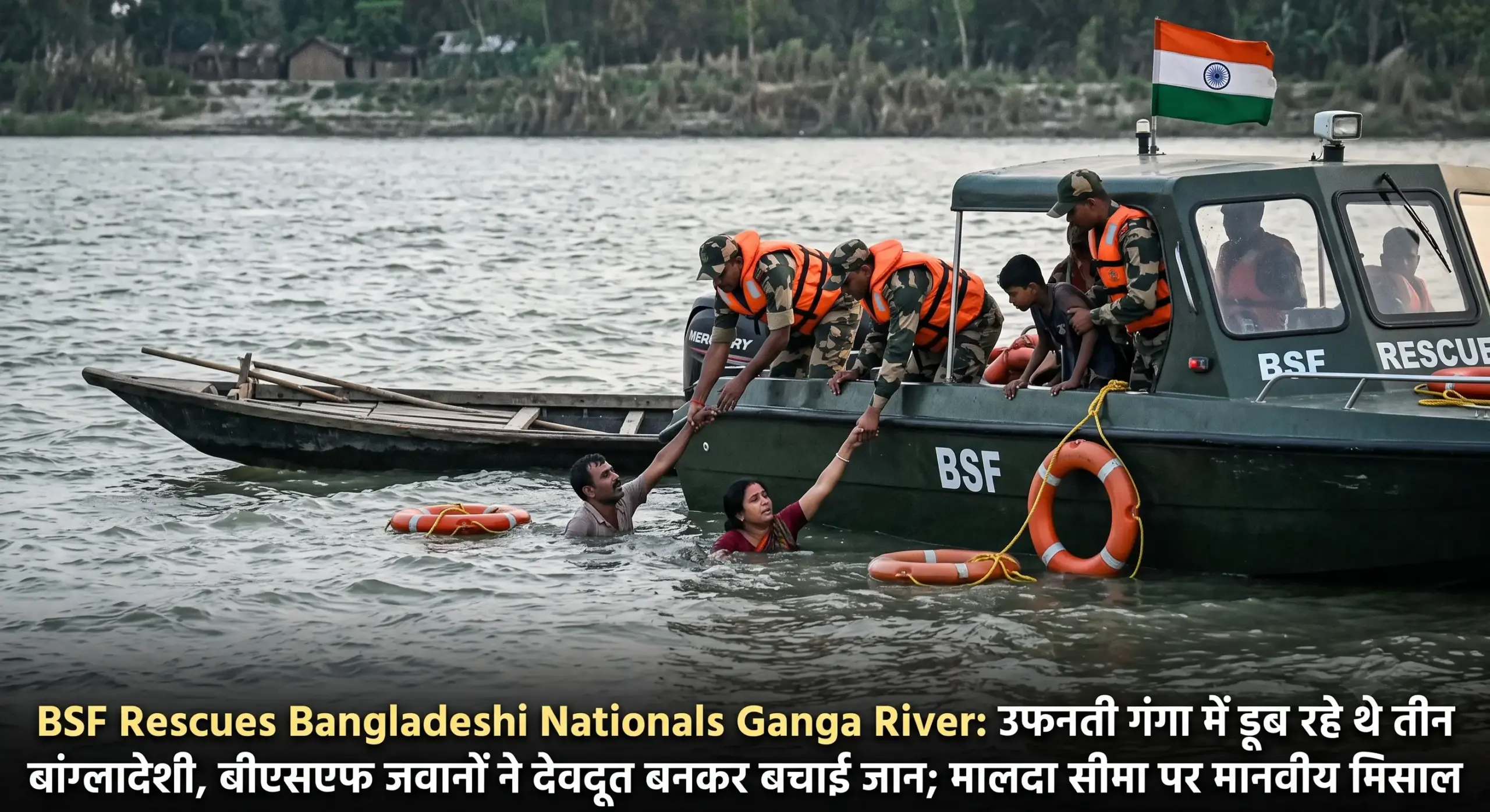 BSF Rescues Bangladeshi Nationals Ganga River: उफनती गंगा में डूब रहे थे तीन बांग्लादेशी, बीएसएफ जवानों ने देवदूत बनकर बचाई जान; मालदा सीमा पर मानवीय मिसाल